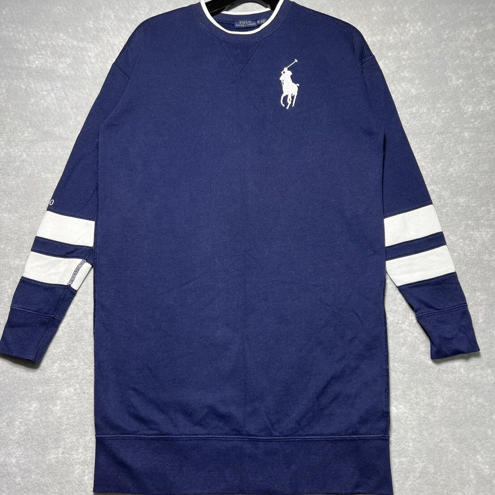 Polo Ralph Lauren Big Horse Logo Fleece Sweater Dress Blue Women Xs Extra Small
